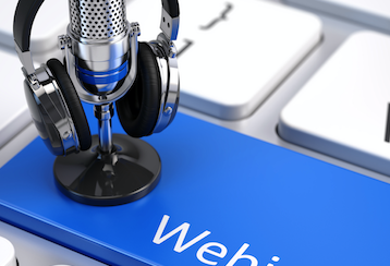 Webinars highlighted in blue on keyboard with microphone and headphones